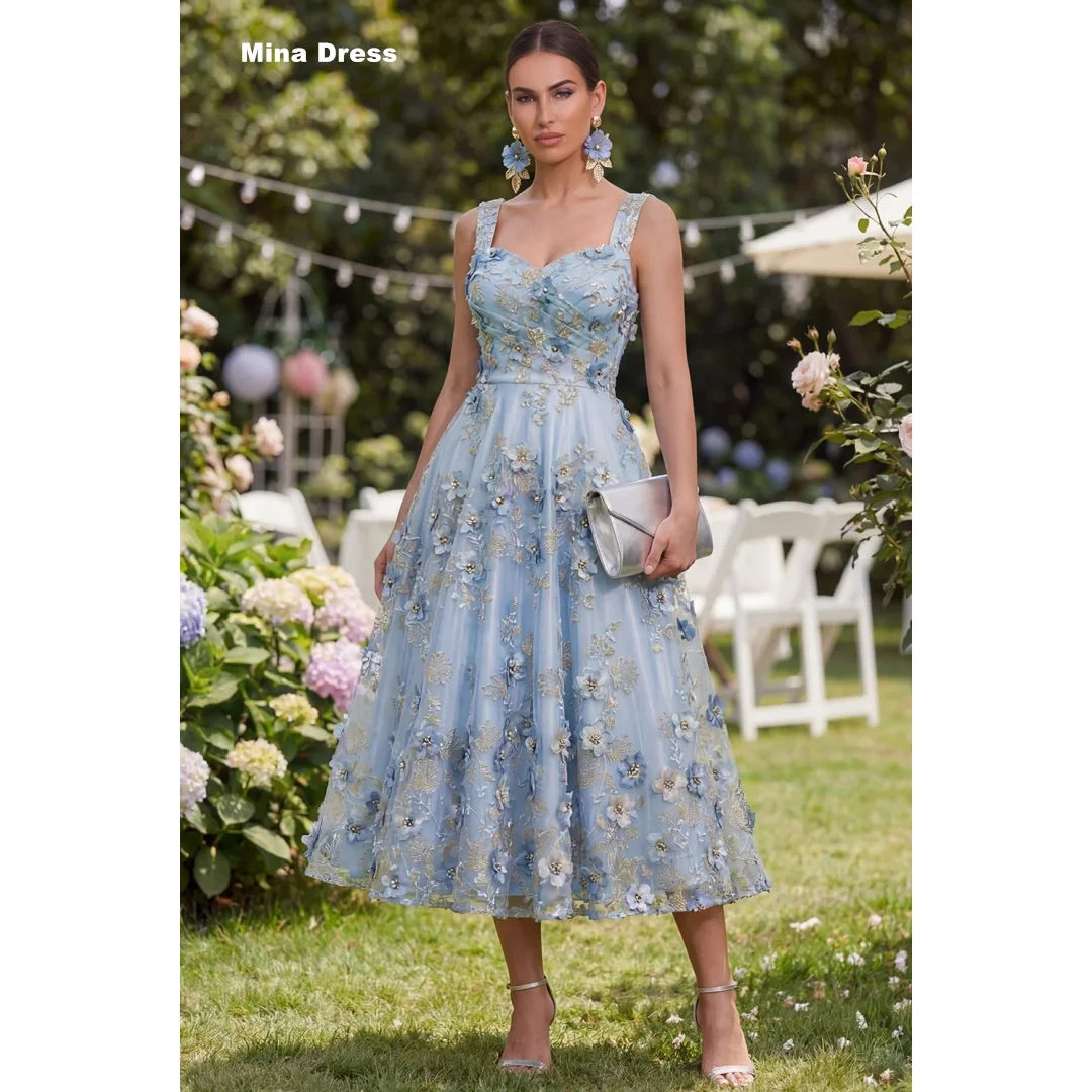 

Mina Customized Blue Women's Wedding Party Attire 3D Flowers Prom Dress 2026 Gem Elegant Women's Dresses for Special Occasions