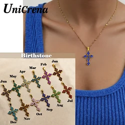 UniCrena Cross Birthstone Necklace for Women Charms Pendant with Gold Chain Christian Jewelry Birthday Gifts Mom Family 12 Color