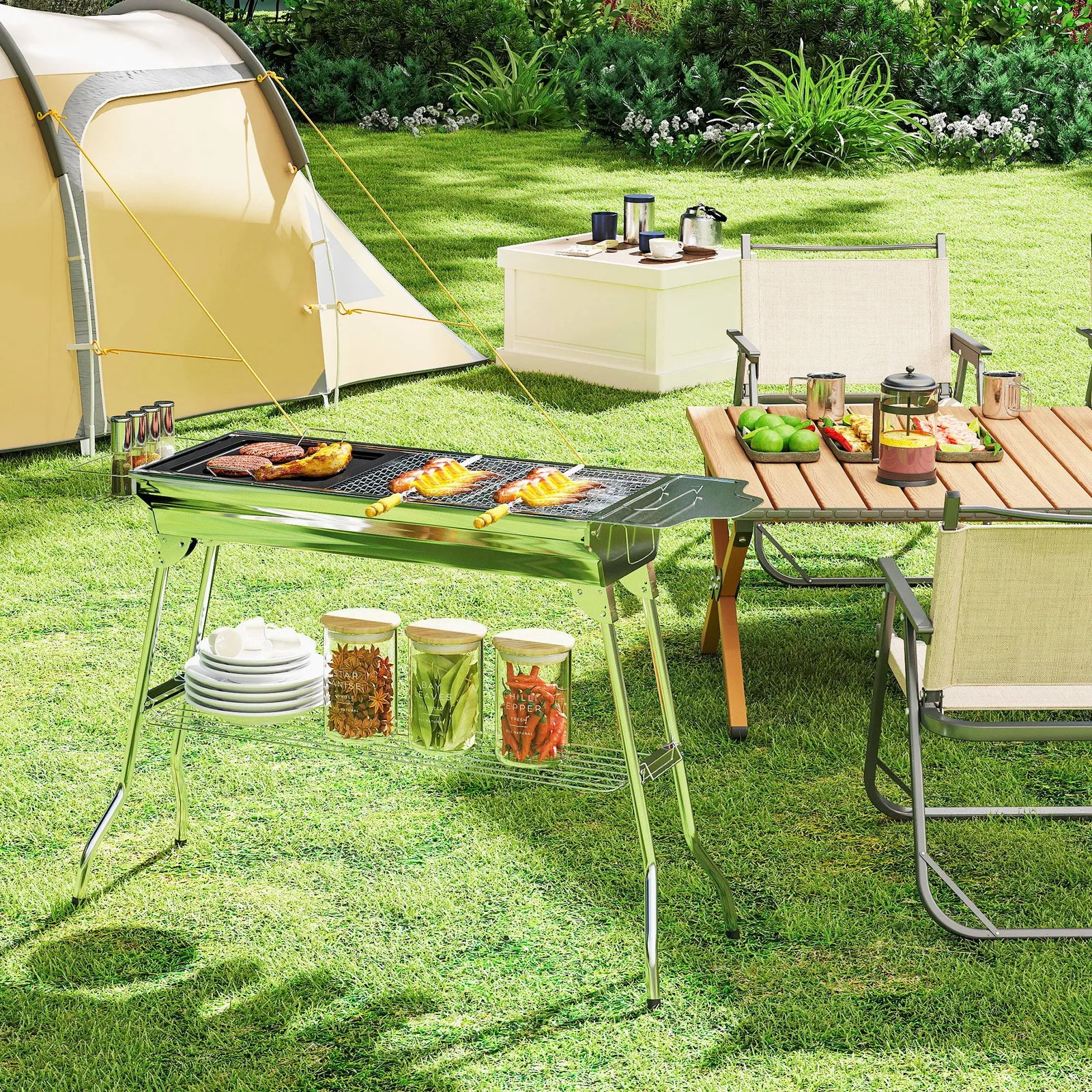 

Portable Folding Charcoal BBQ Grill Stainless Steel Camp Picnic Cooker