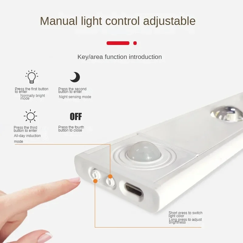 Luz LED nocturna para debajo del armario, lámpara de aluminio con Sensor de movimiento PIR, recargable, 20/30/40/50cm