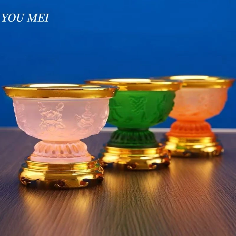 Tibetan Eight Auspicious Symbols Carved Glass Holy Altars Bowl,Tantric Indoor Desktop Water Cup,11 cm Sacred Bowl Buddhist Item