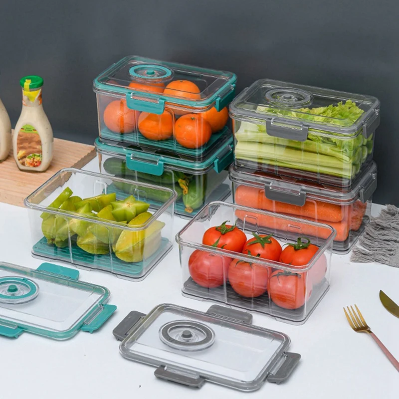 

Новый вакуумный контейнер для хранения продуктов питания, прозрачный органайзер для холодильника с сливной сеткой, диспенсер для еды для кухни, зеленый L