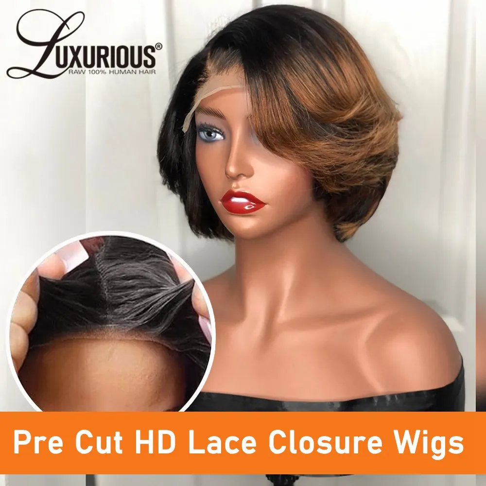 Honig blond leimlos 13x4 Spitze vorne Bob Perücke Menschenhaar bereit zu tragen Ombre farbige kurze Pixie Cut Verschluss Perücken vor gezupft