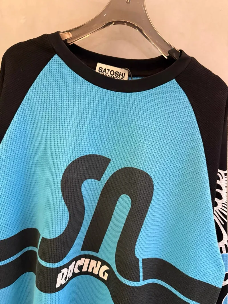 Satoshi Nakamoto Blue Color Blocking Splicing Pullovers Men Women Oversized Waffle Long Sleeved T Shirt