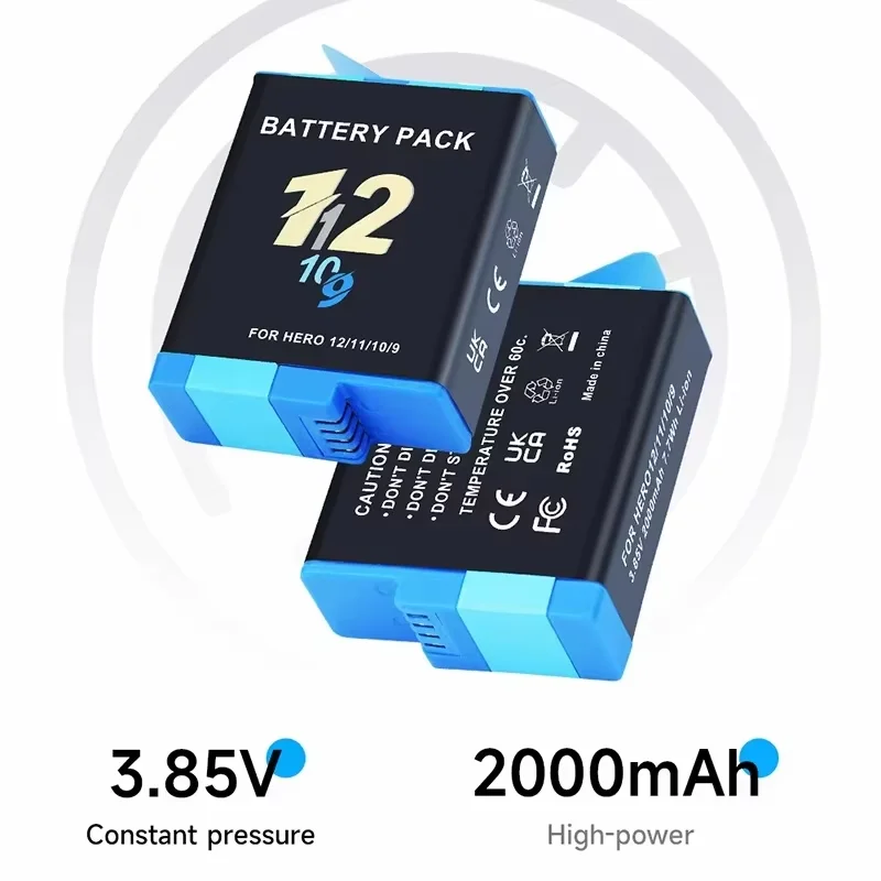 New 2000mAh Battery + LCD Type-C 3-slot Fast Charger For GoPro Hero 12 11 10 9 Motion Camera For GoPro Hero Rechargeable Battery