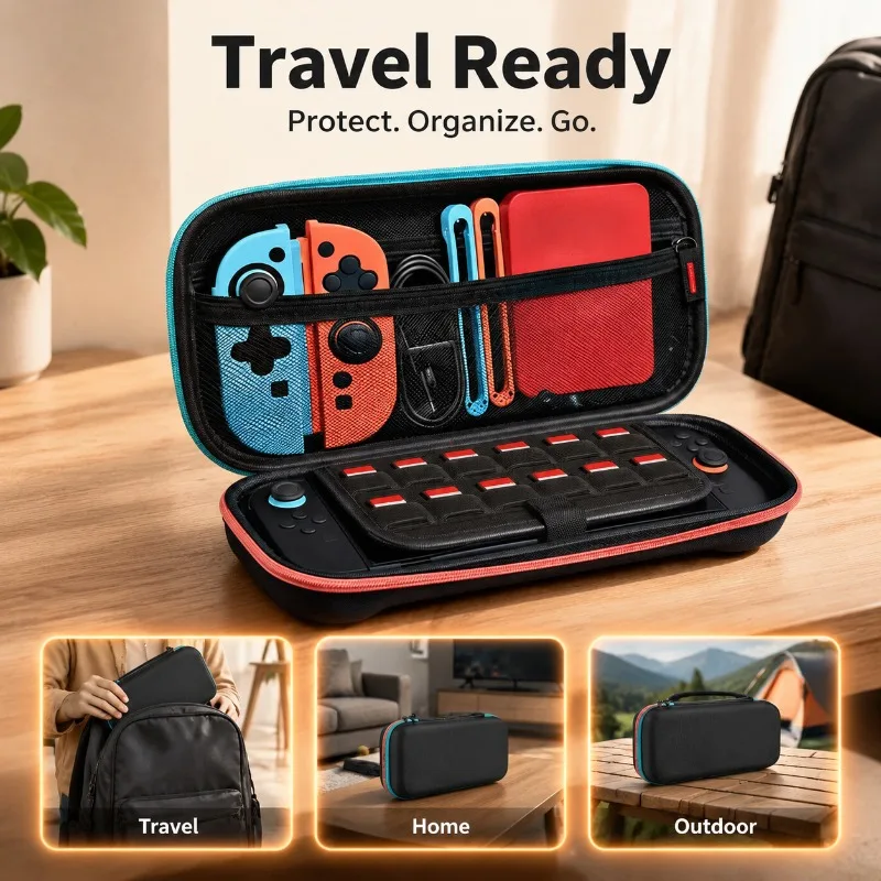 Estojo Protetor Vermelho e Azul para Transporte e Armazenamento Compatível com Console de Jogos Switch 2, Capa Rígida à Prova de Choque, Organizador de Viagem Anti-riscos