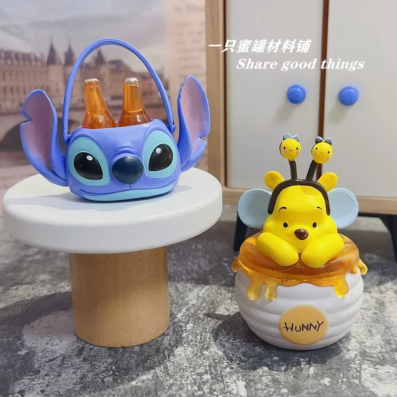 

New Disney Animation Kawaii Figures Stitch Winnie The Pooh Mini Honey Pot Basket Decorative Dolls Diy Desktop Kids Birthday Gift