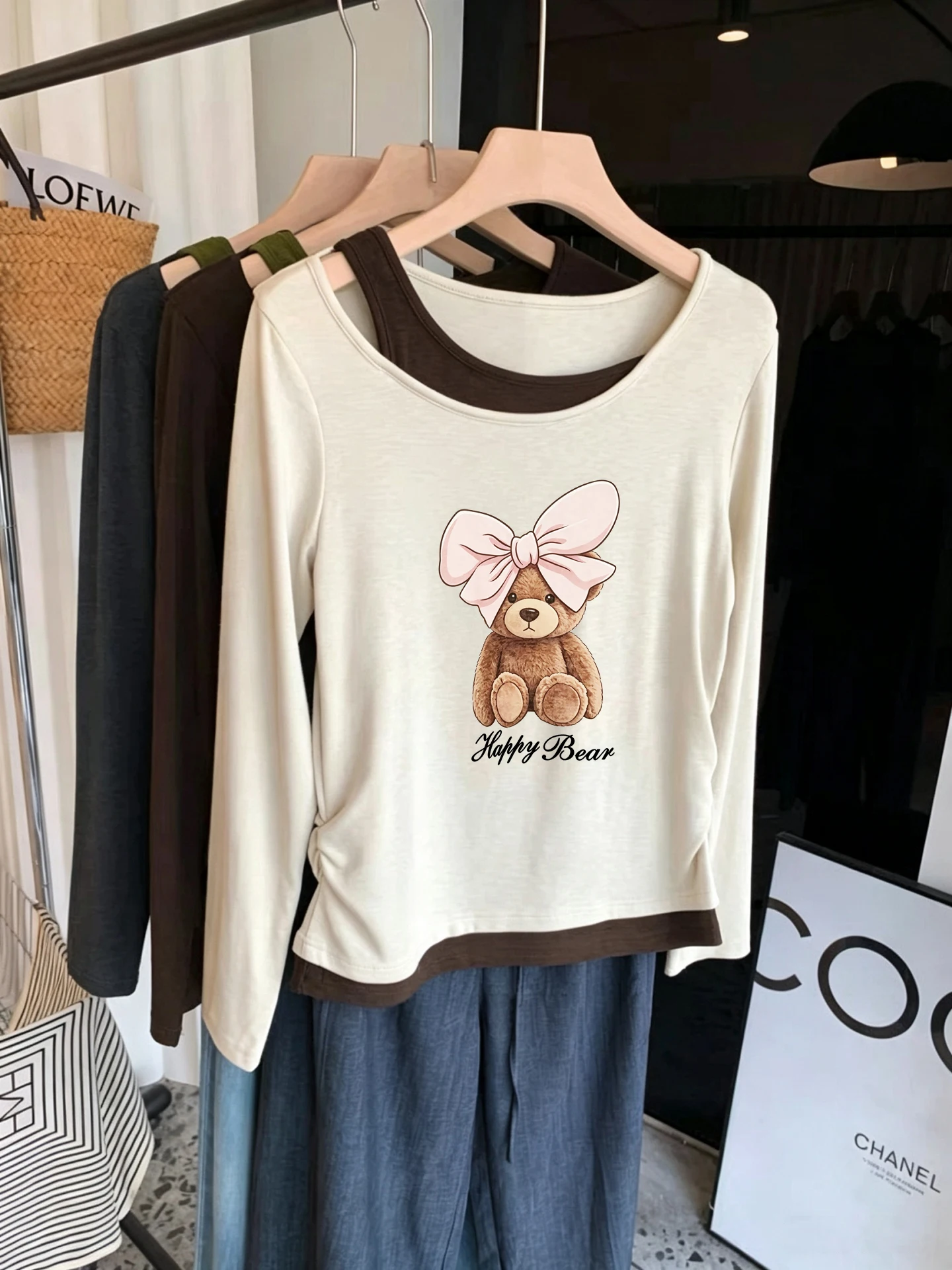 Women's Long Sleeve T-Shirt Shoulder Bared Waist Cinched Folded Base Shirt Upper Body Commute Style Korean Version Slim Fit