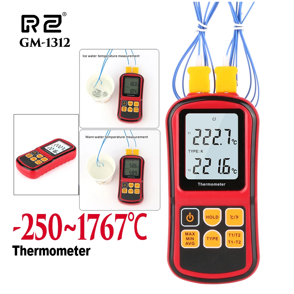 RZ Mini Contact Type Thermometer Temperature Meter Digital Measure Tool Temperature Tester with 2pcs Thermocouple Use For Liquid