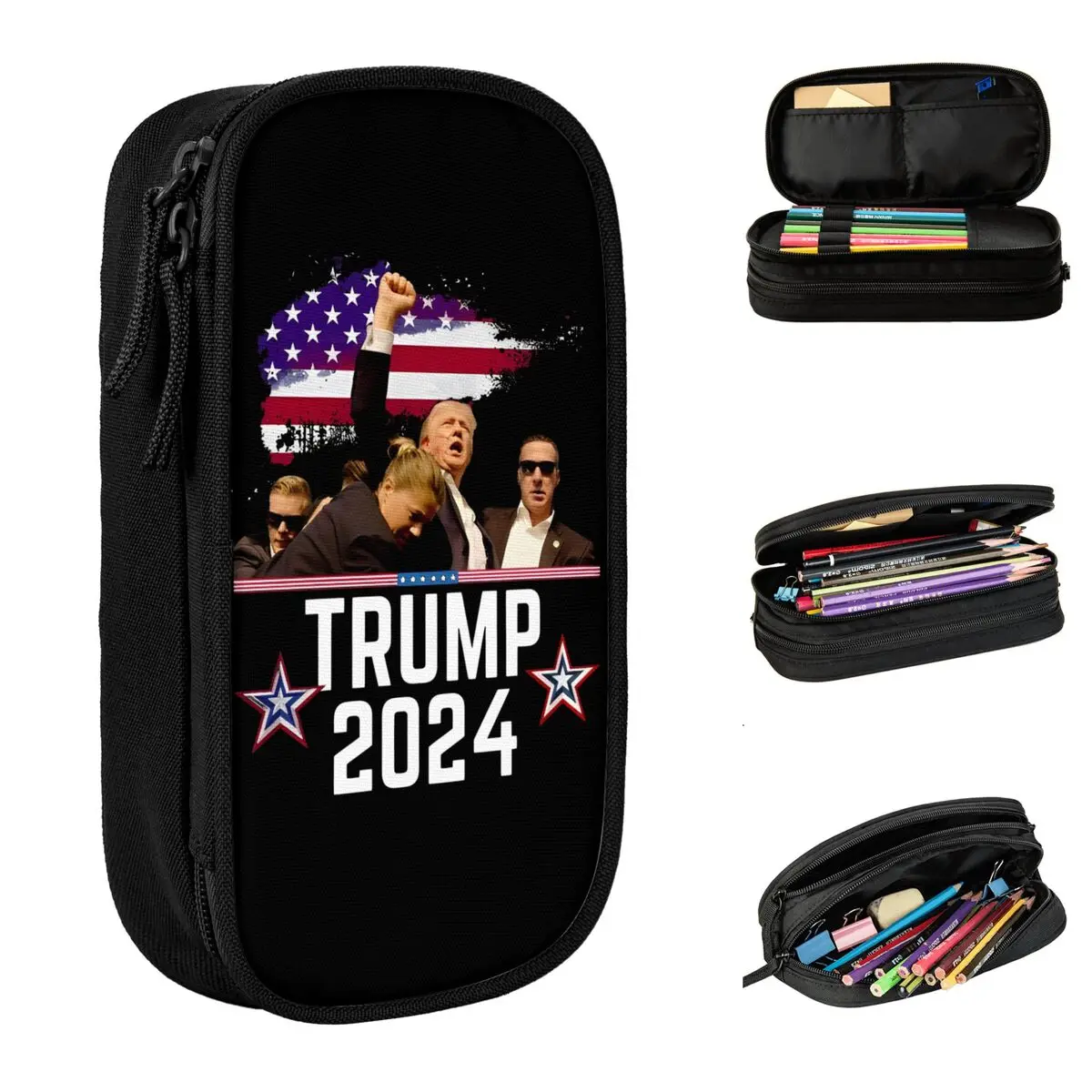 Large Capacity Pen Box Shooting At Trump Rally Merch 2024 President Election Double Layer Pencil Box Makeup Bag Perfect Gifts
