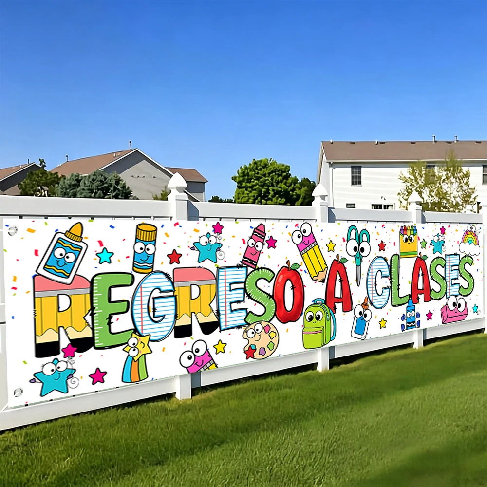 1 Stück Spanisches Back-to-School Banner Cartoon Graffiti-Stil Hintergrundstoff Polyesterfaser Banner für Back-to-School Party Dekoration