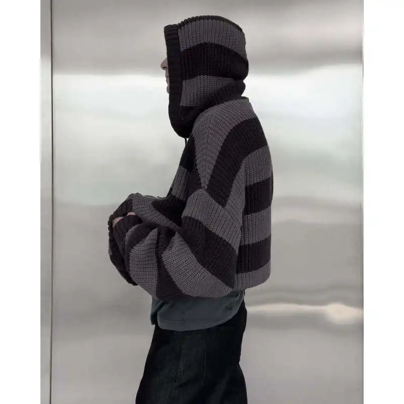 Moletom de malha listrado preto cinza unissex, suéter de streetwear Y2K, casual, pulôver de textura solta com capuz
