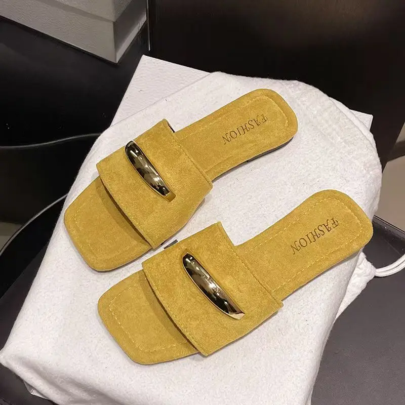 

2026 Summer flat canvas slippers with square tips and exposed toes fashionable outerwear fairy-like beach casual sandals