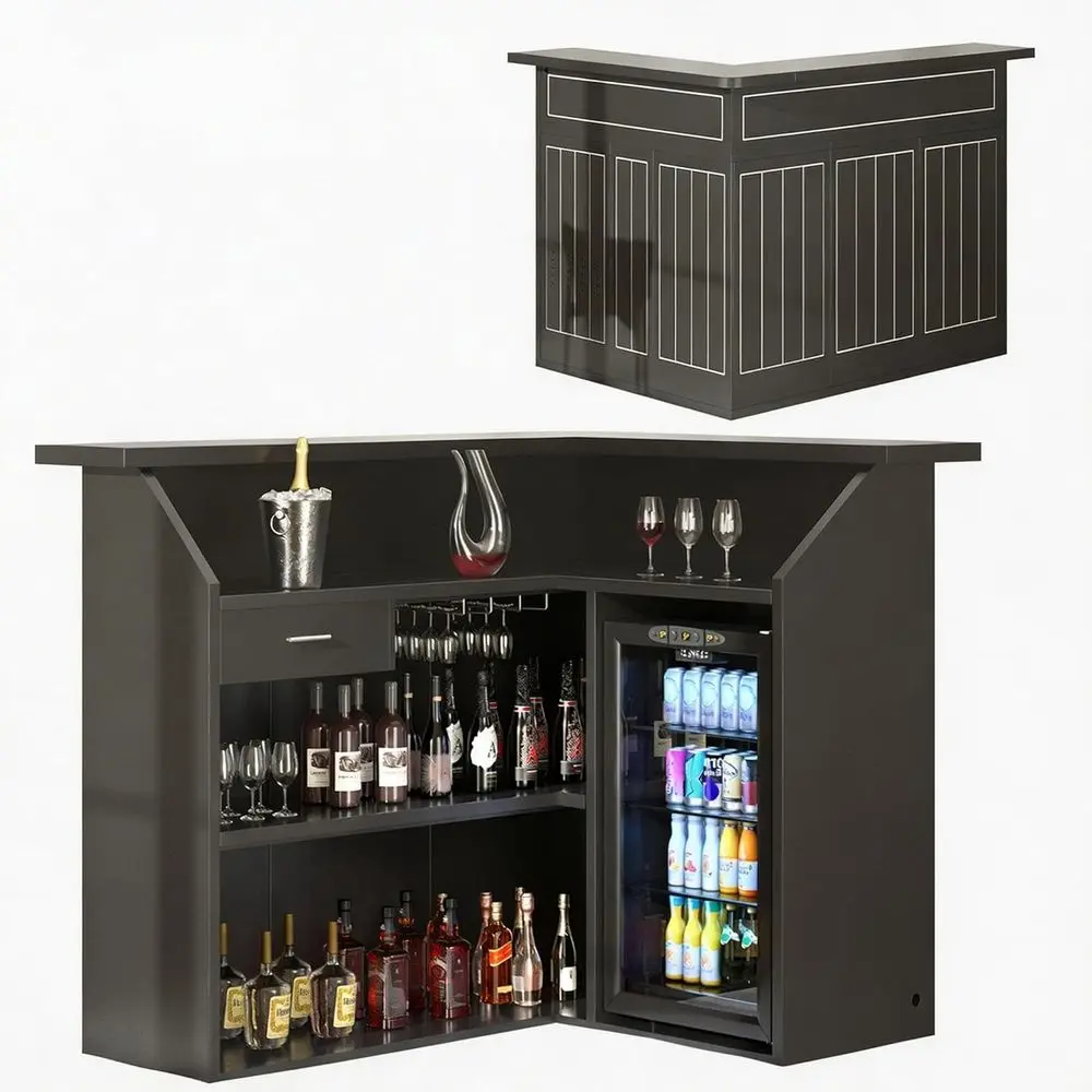 

Светодиодная L-образная барная стойка для дома с отсеком для хранения, местом для алкоголя и вина, розеткой и держателем для стаканов для гостиных