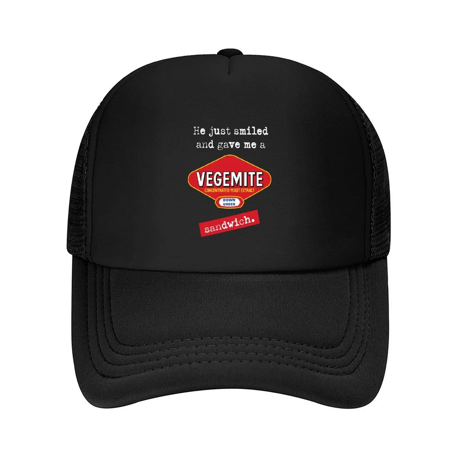 He just smiled and gave me a Vegemite sandwich - white text Baseball Cap Sun Cap Hat Beach Fashion Beach Icon Man Women's
