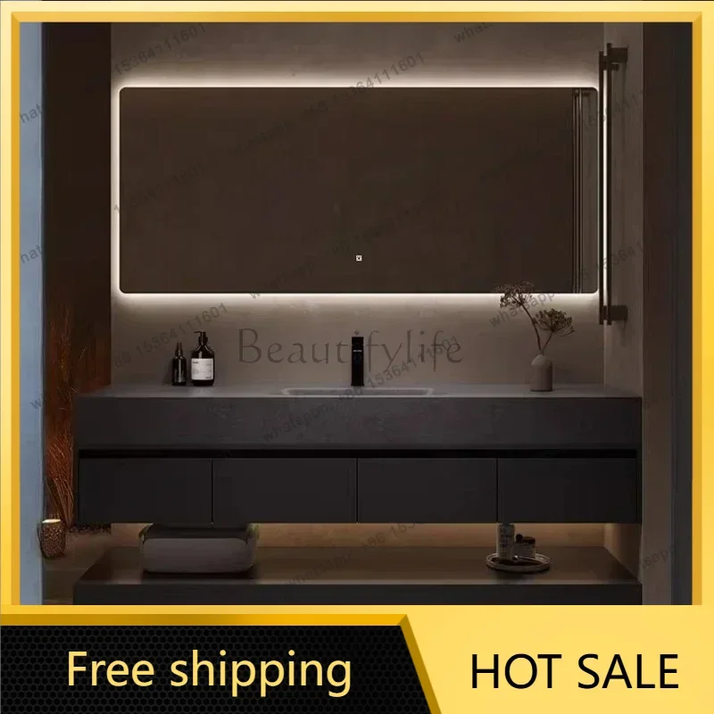 YJ Soft-Close Doors Modern Bathroom Mirror Cabinet Rock Plate Vanity with Sink Wall Mounted Bathroom Floating Vanity 2 Drawers