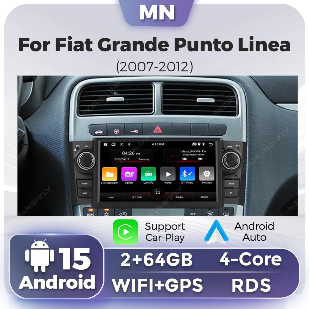 Autoradio 1 Din Android 15 Carplay Auto für Fiat Grande Punto Linea 2013-2017 Autoradio GPS Navigation Multimedia Stereo Audio intelligente systeme für autos carplay carplay für auto autoradio android
