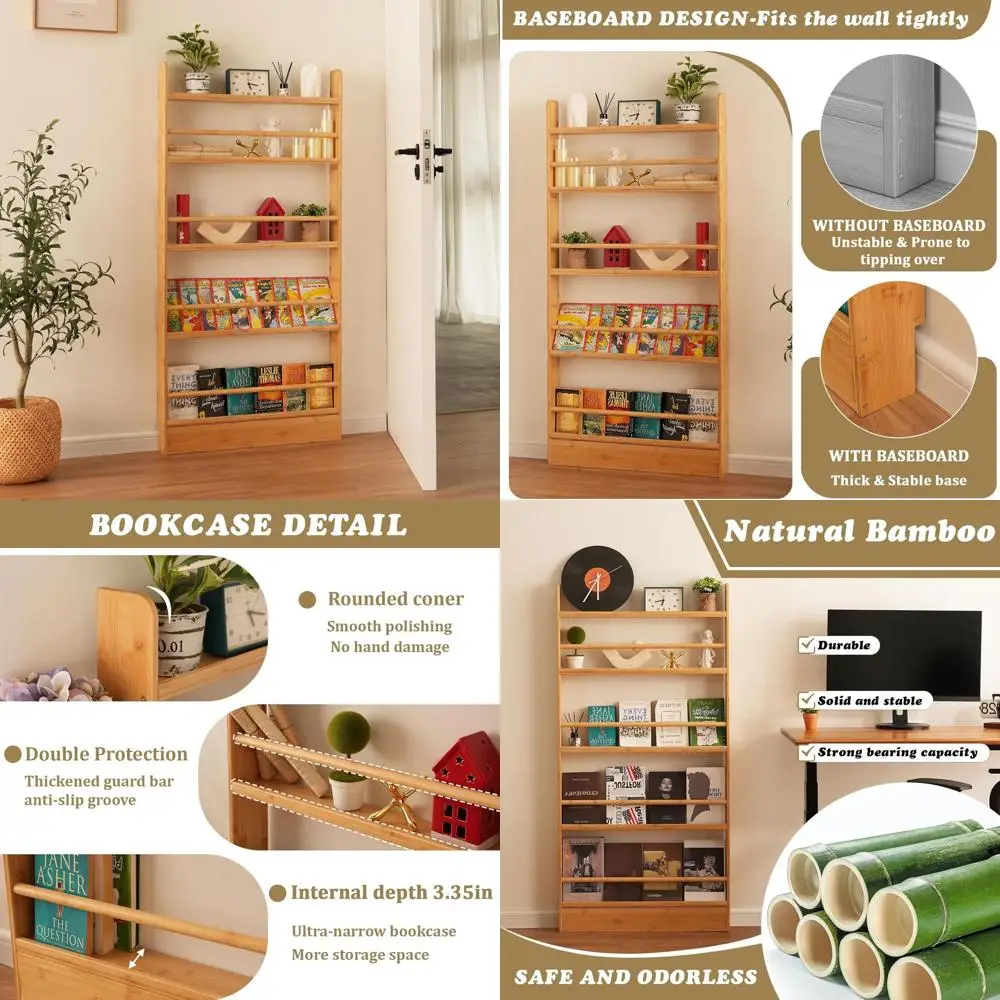 

Kids Bookshelf, 5 Tier Shelves Behind The Door Book Shelf Storage, Children's Bamboo Bookcase Space- Saving, Wall Mount Bookshel