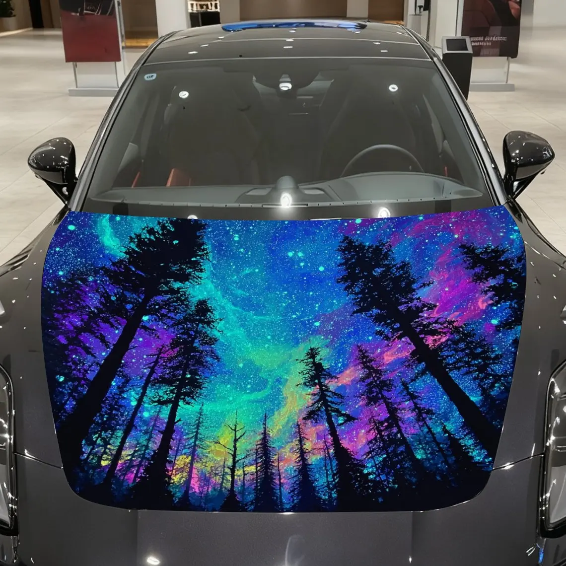 

Silhouettes of Forest in Brilliant Galaxy Car Vinyl Wrap, PVC Material Waterproof Car Hood Sticker, Self-Adhesive Scratch-Resist
