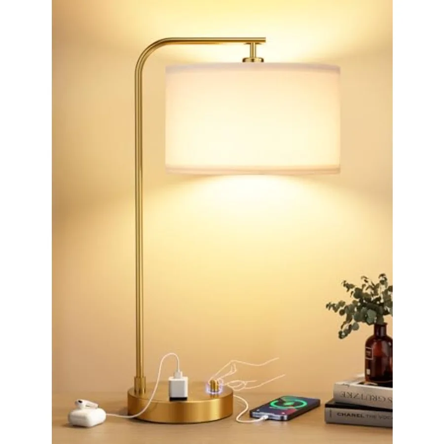 

Gold Table Lamp with USB Port and Outlet, Dimmable Nightstand Bedside Lamps with Linen Lampshade, Desk Lamp for Bedroom, Living