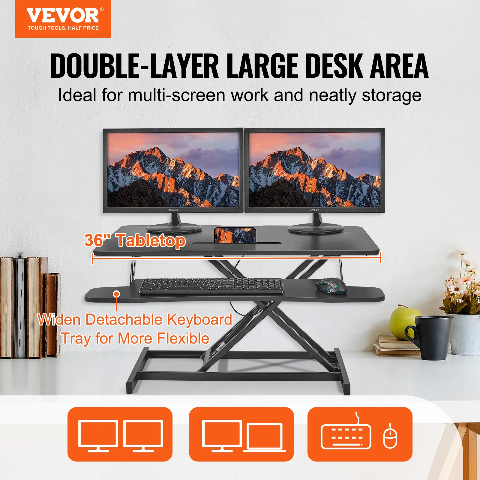 VEVOR Standing Desk Converter, Two-Tier Stand up Desk Riser,36In Large Rectangular Sit to Stand Desk Converter,Adjustable Height