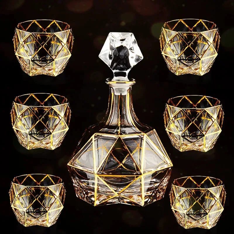 1 Pcs Elegant Crystal Whiskey Glass With Golden Grid Design Luxury Style Wineware Heavy Wineglass XO Whiskey Tumbler Decanter