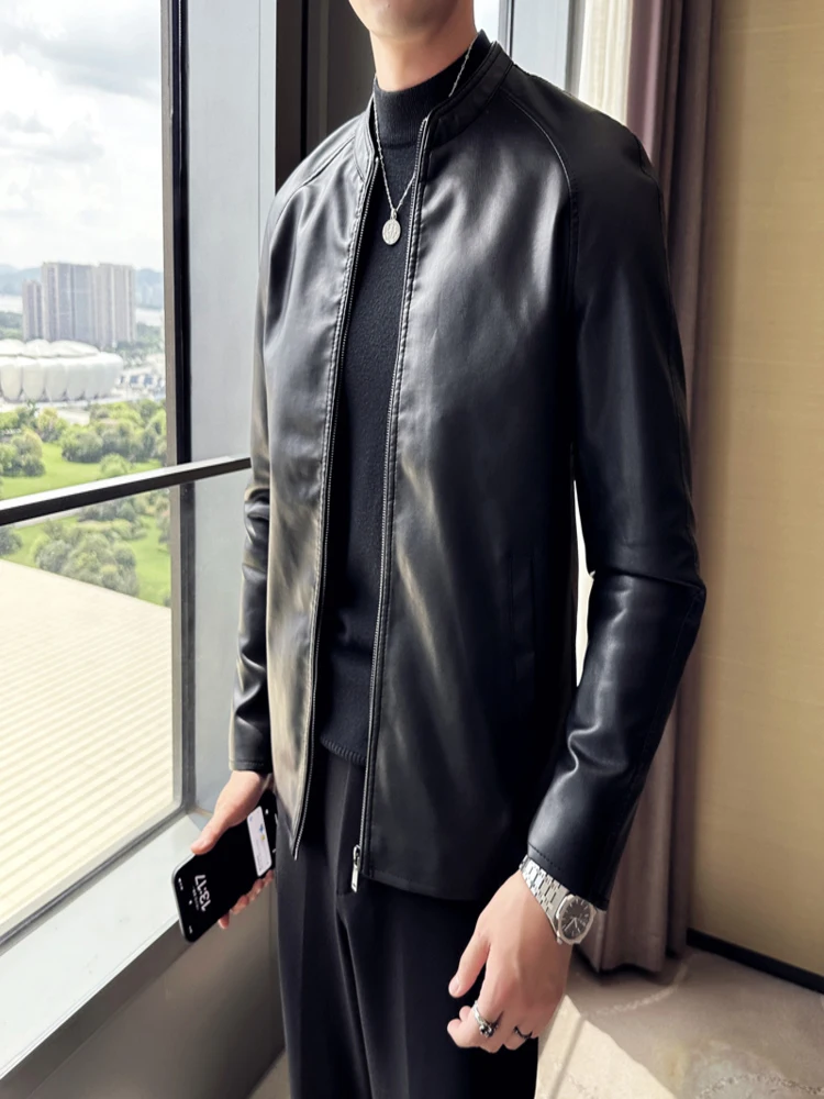 Men's black leather jacket Korean version fashionable slim fit bomber motorcycle coat personality men clothing