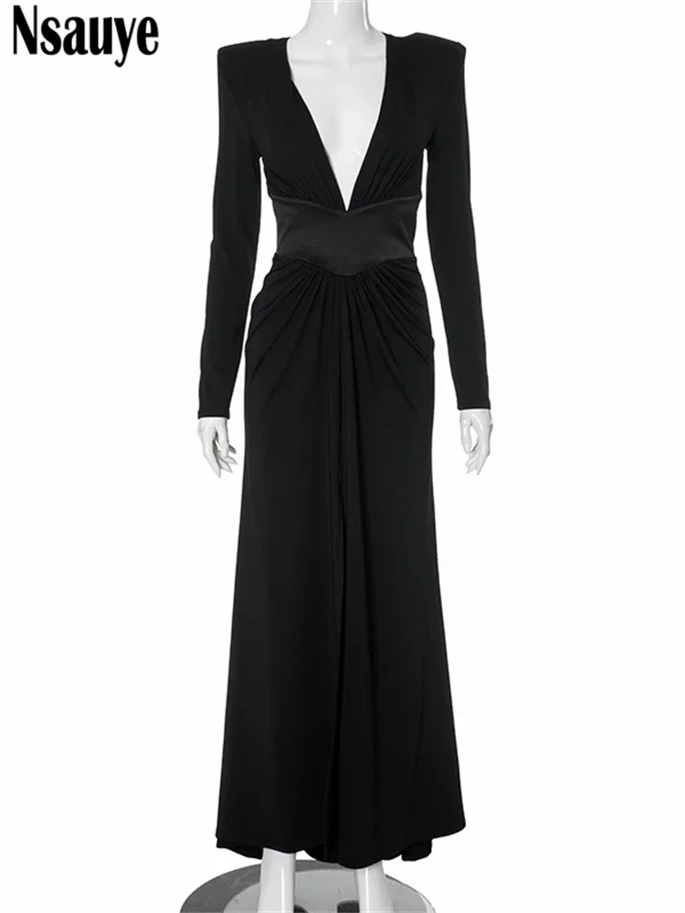 NRotary ye-Robe de soirée à manches longues pour femme, robe maxi taille haute, découpe basse, noir, chic, sexy, élégant, fête, boîte de nuit, mode, 2024