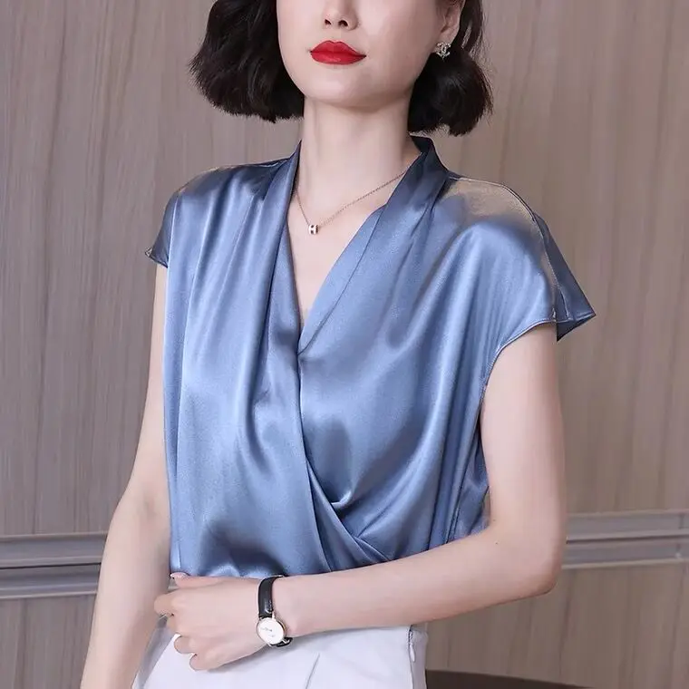 2024 Summer Beautiful Women\'s Blouses fashion Chiffon V Neck Women Blouses Satin Office Black Women Elegant Shirts Silk camisa