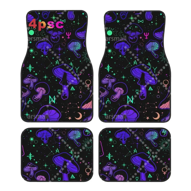 Psychedelic Magic Mushrooms Symbols 4PCS Crystal Velvet Car Floor Mats Set Universal Front Rear Foot Mats Car Protection Mat