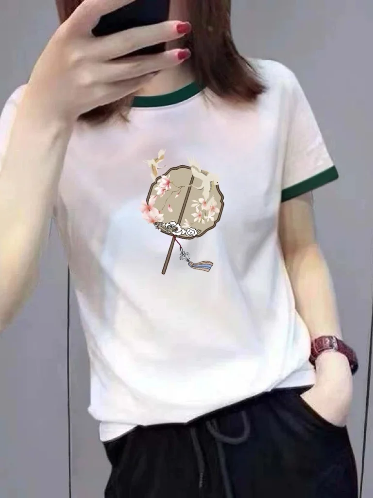 

Элегантная женская футболка с коротким рукавом, с мультяшным принтом, цветными блоками и воротником, облегающий топ, универсальная одежда для мам, повседневная мода