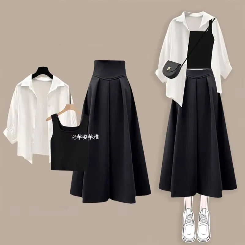 

Women's 2025 Spring/Summer New Fashion Dress Matching Set French Elegant Shirt+Vest +High Waist Midi Skirt 3-Piece Female Suit