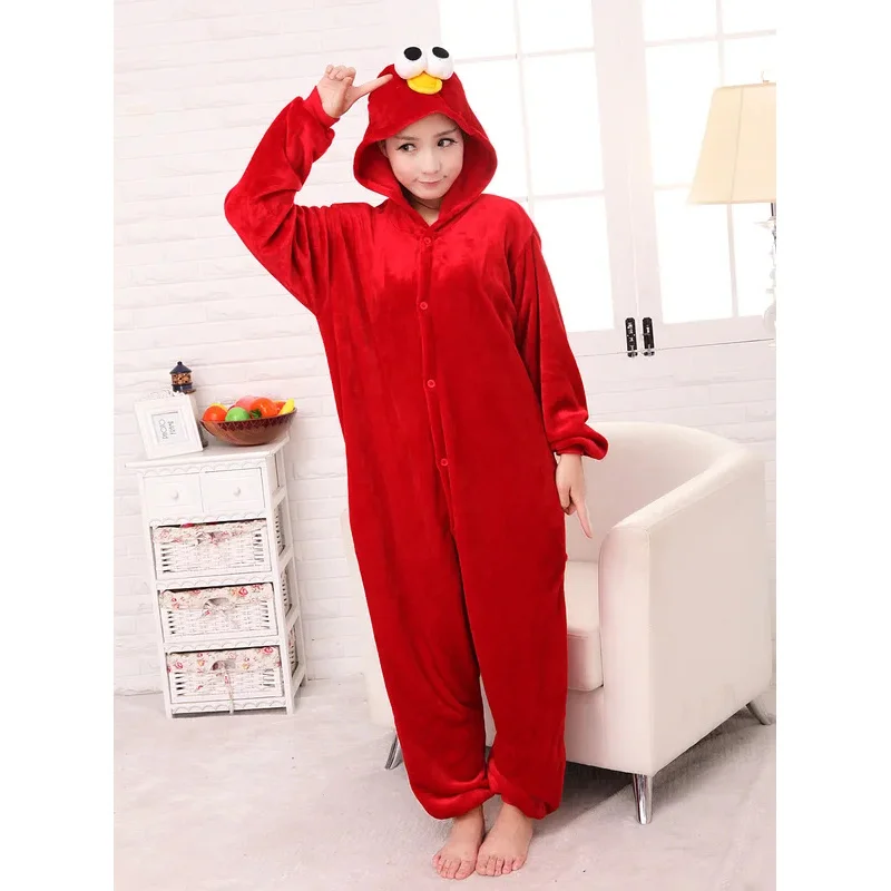 2025 ภาพเคลื่อนไหวเครื่องแต่งกายสีฟ้าคุกกี้มอนสเตอร์สีแดง Elmo Onesies สัตว์คอสเพลย์ชุดนอนผู้ใหญ่ชุดนอนชุดนอน