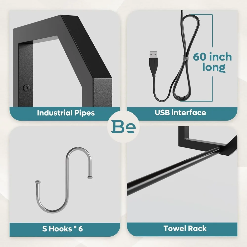 34" LED Wall Mounted Floating Shelf with Adjustable Glass, Industrial Pipe Design for Gaming Room Decor, Black