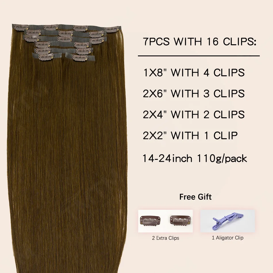 Seamless Pu Clip In Hair Extensions Human Hair 7Pcs Invisible Clip Ins Human Hair Extensions Brown Color 110g Straight Remy Hair image 2