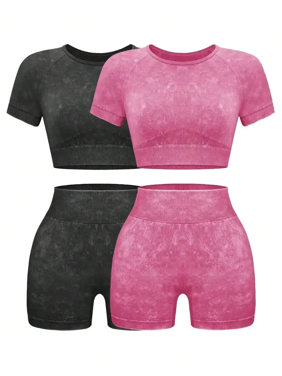 

Women 2 Piece Workout Set Seamless Acid Wash Crop Top And Shorts Gym Athletic Clothing