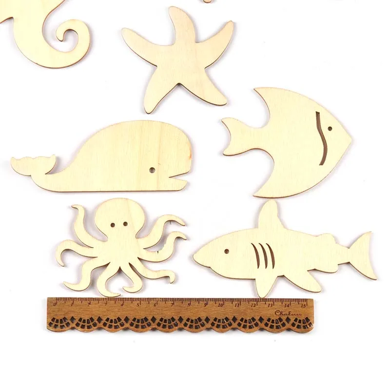 10Pcs 7-11cm Shark/Octopus/Starfish Embellishment DIY Scrapbooking Handmade Supplies Kids painted Blank wood Crafts Home Decor