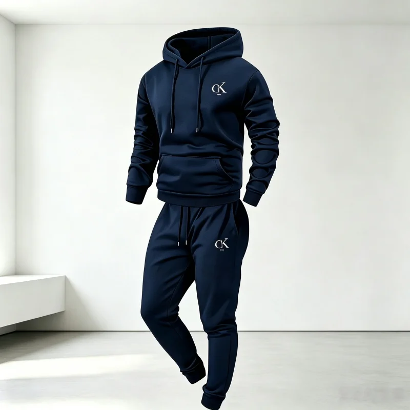 

Men Autumn Winter 2 Piece Tracksuit Drawstring Hoodie Rib Waist Joggers Pockets Casual Outdoor Sports Sweatshirt Set