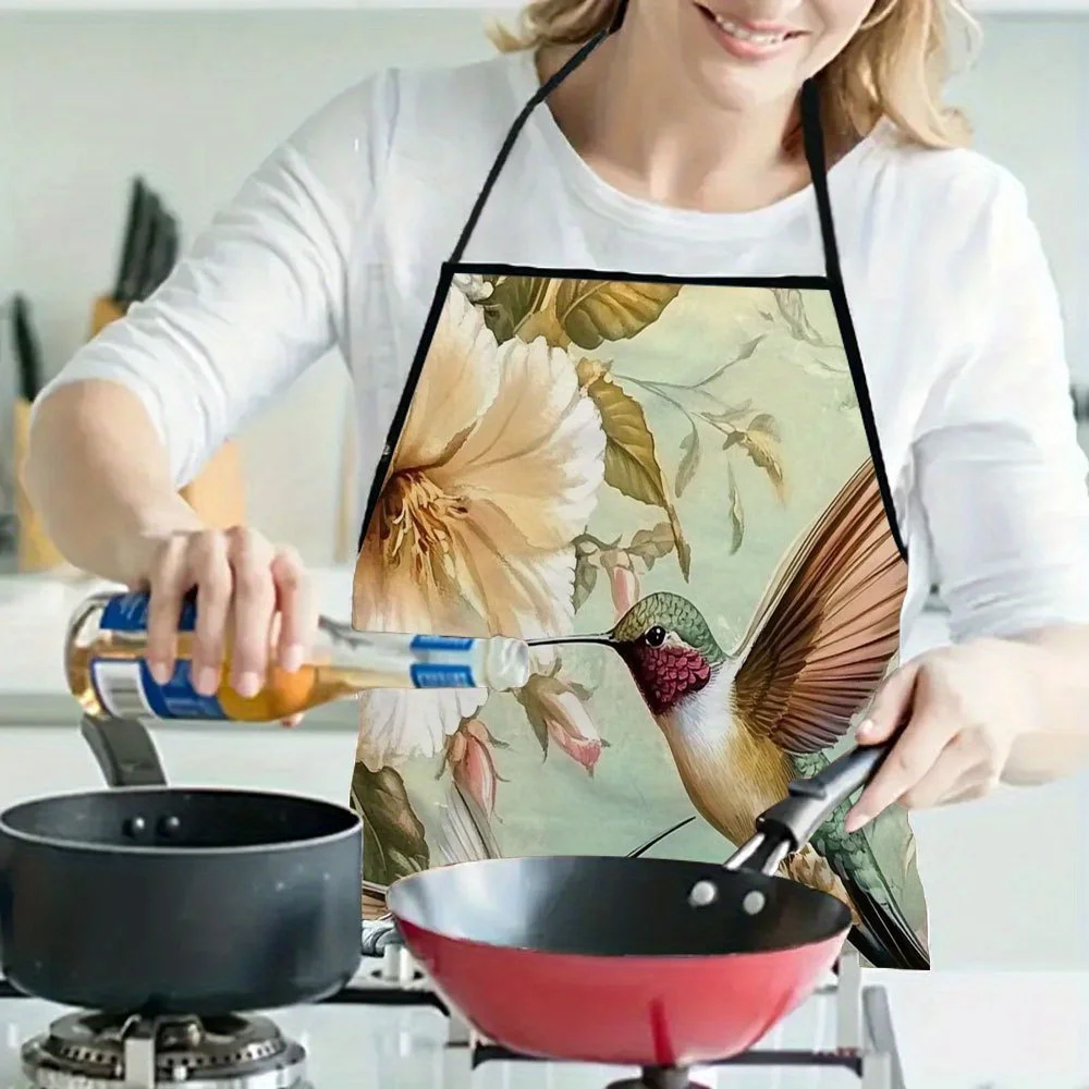 Hummingbird & Floral Print Apron 1pc, Durable & Long-Lasting, Great Kitchen Apron for Daily Cooking