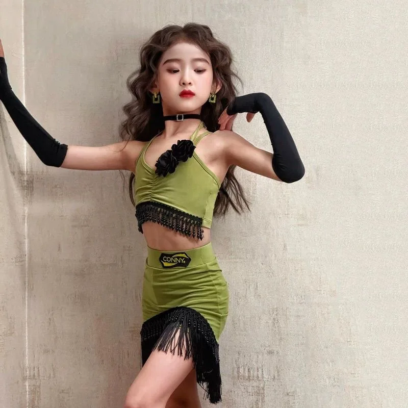 Latin dansjurk Competitie Groene franjerok Professioneel buikdanskostuum Romper Danspak Oefen Latin danskleding