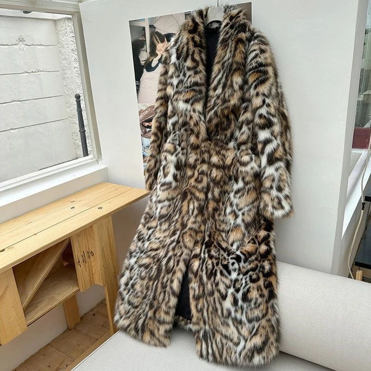 Mantel Bulu Imitasi Wanita Model Panjang Motif Leopard Kerah Lipat Bulu Tebal Outerwear Jahitan Terbuka Y2k Longgar Musim Gugur Musim Dingin 2025