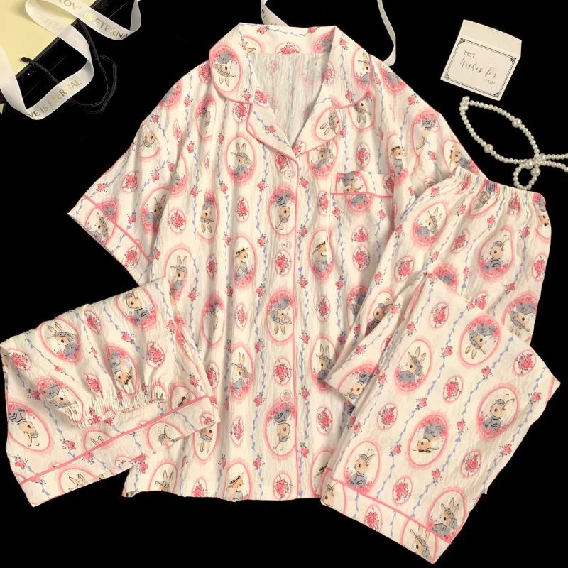 Summer New Ladies Pajamas Homewear Three-Piece Soft Clouds Cotton Short-Sleeved Pajamas Female Cartoon Printing Homewear