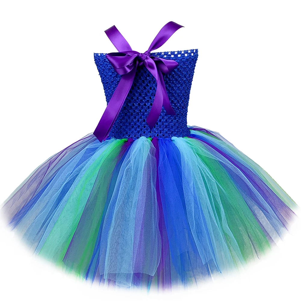 Royalblue Peacock Costumes for Girls Carnival Halloween Fancy Dresses for Kids Birthday Party Tutus Outfit with Flower Feathers