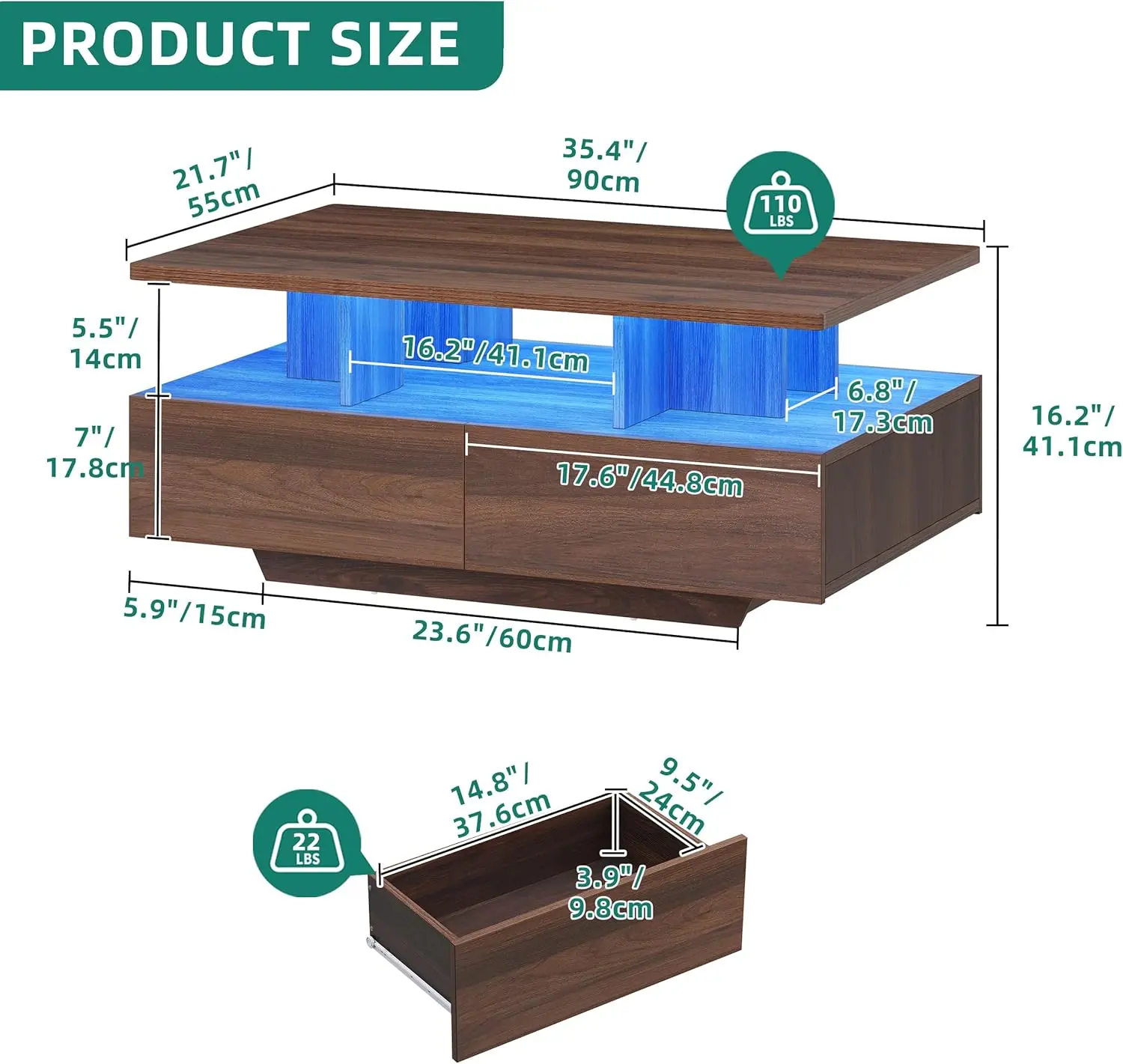 طاولات قهوة LED لغرفة المعيشة، طاولة قهوة للمزرعة مع 4 أدراج للتخزين وحجرة مفتوحة، مستطيل حديث