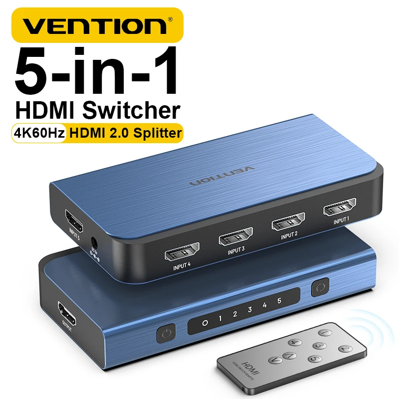 Vention HDMI 2.0 Switcher 4K 60Hz HDMI-compatible Switch 5 in 1 Out with Remote Control Converter for Xbox PS 5 TV Box Monitors