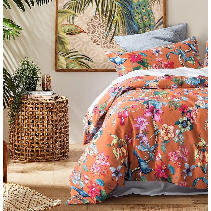 

Botanical Garden Duvet Cover Washed Brushed 100-percent Cotton Bedding Set Asian Chinoiserie Print Colorful(Super King, Orange)