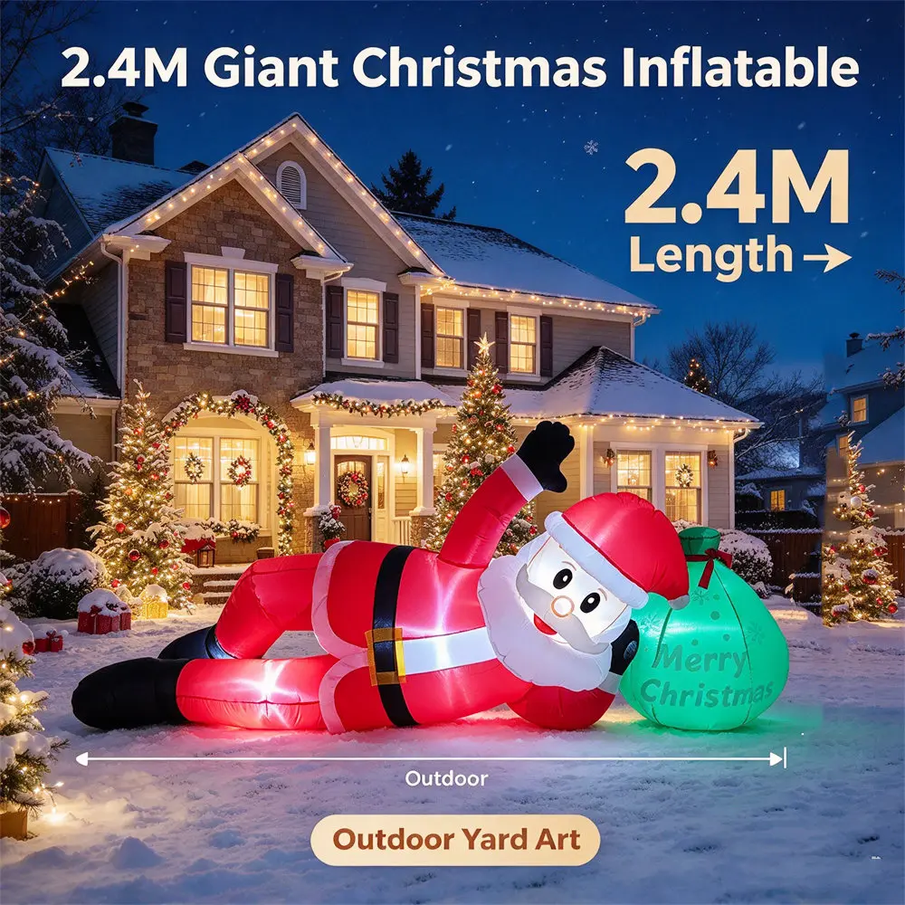 2.4M Inflatable Christmas Lying Down Santa Claus With Gift Bag, Built-In LED Lights, Waving Outdoor Yard Christmas Decoration