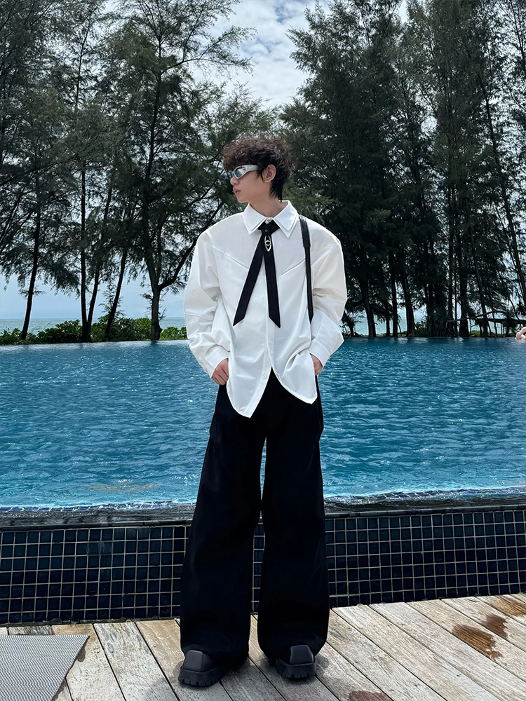 MARTHENAUT Original Design Double Layer Pleated Collar Shirt with Self Tied Bow Tie Early Autumn Casual Style Polyester Fiber