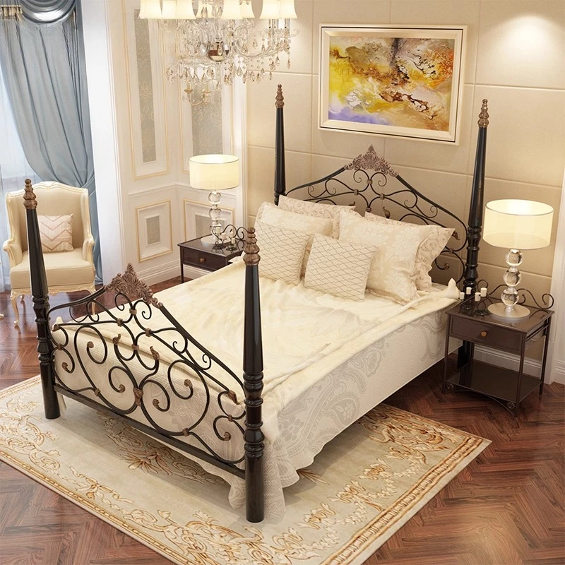 European retro wrought iron double bed princess bed Modern simple small apartment rental room Iron frame bed Apartment bed home