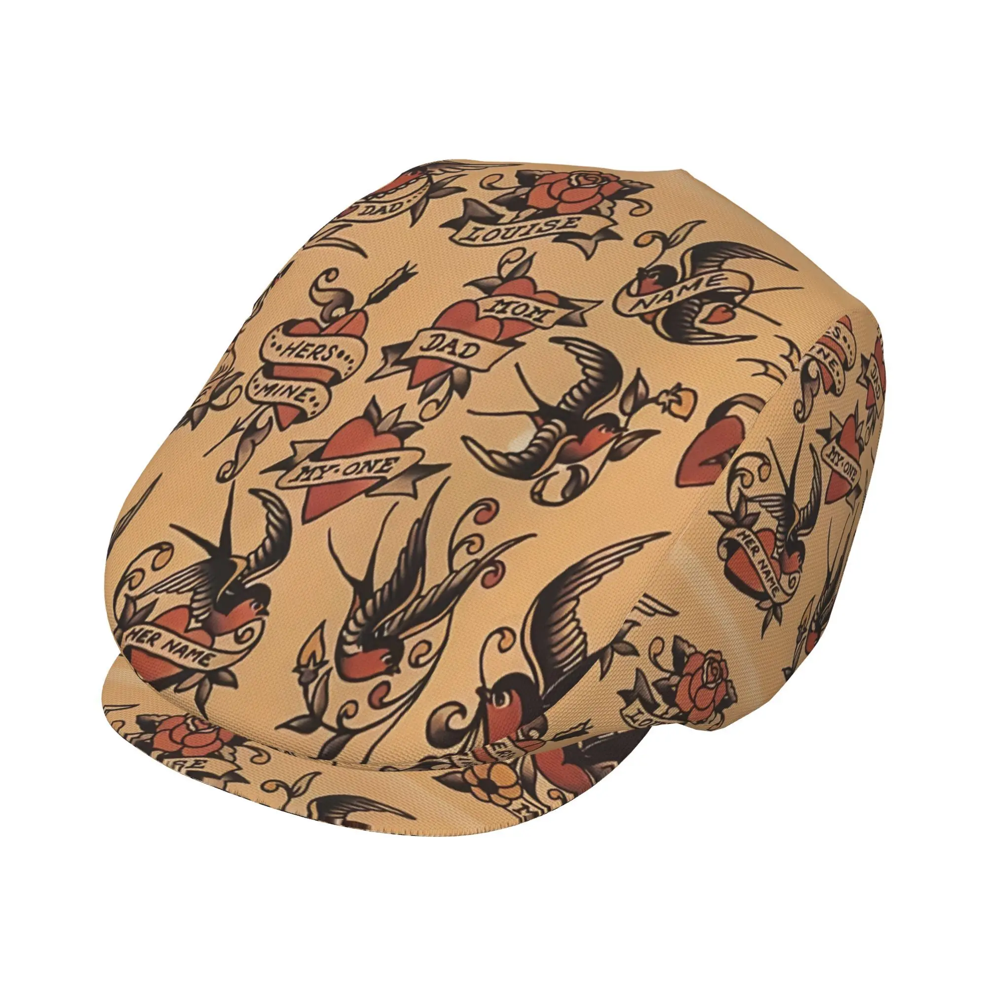 1pc Vintage Tattoo Love All-over printed beret,  newsboy cap, unisex, a must-have fashion accessory for outdoor leisure activiti